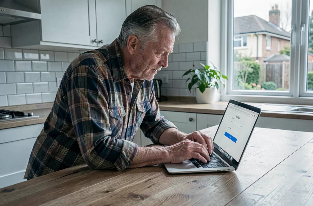 Homme senior accédant à sa messagerie Alice ADSL depuis son ordinateur portable dans la cuisine