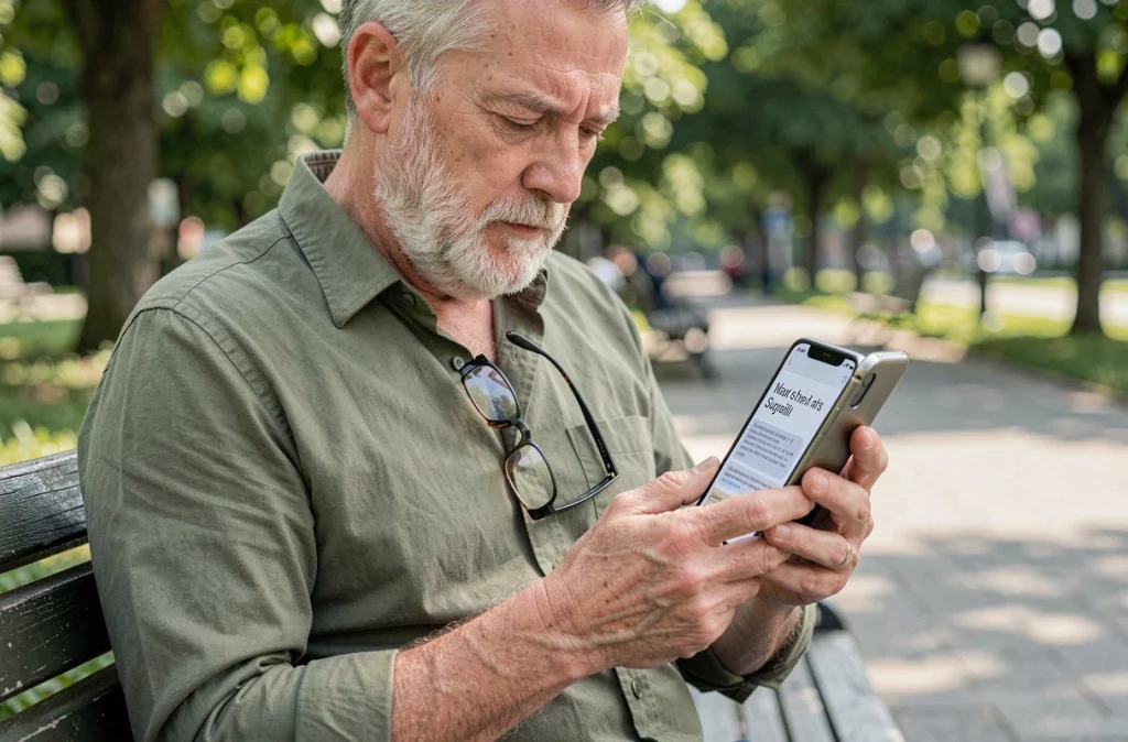 Homme senior lisant un SMS sur un Android grand écran assis dans un parc urbain
