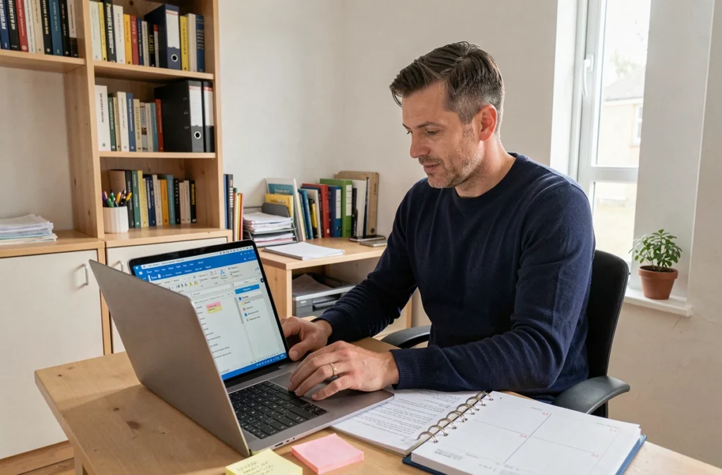 Homme en télétravail consultant ses rappels et tâches Outlook sur un ordinateur portable dans un bureau à domicile organisé