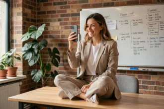 Une jeune femme entrepreneur enregistre une vidéo sur smartphone dans un bureau de PME pour une campagne de marketing d'influence