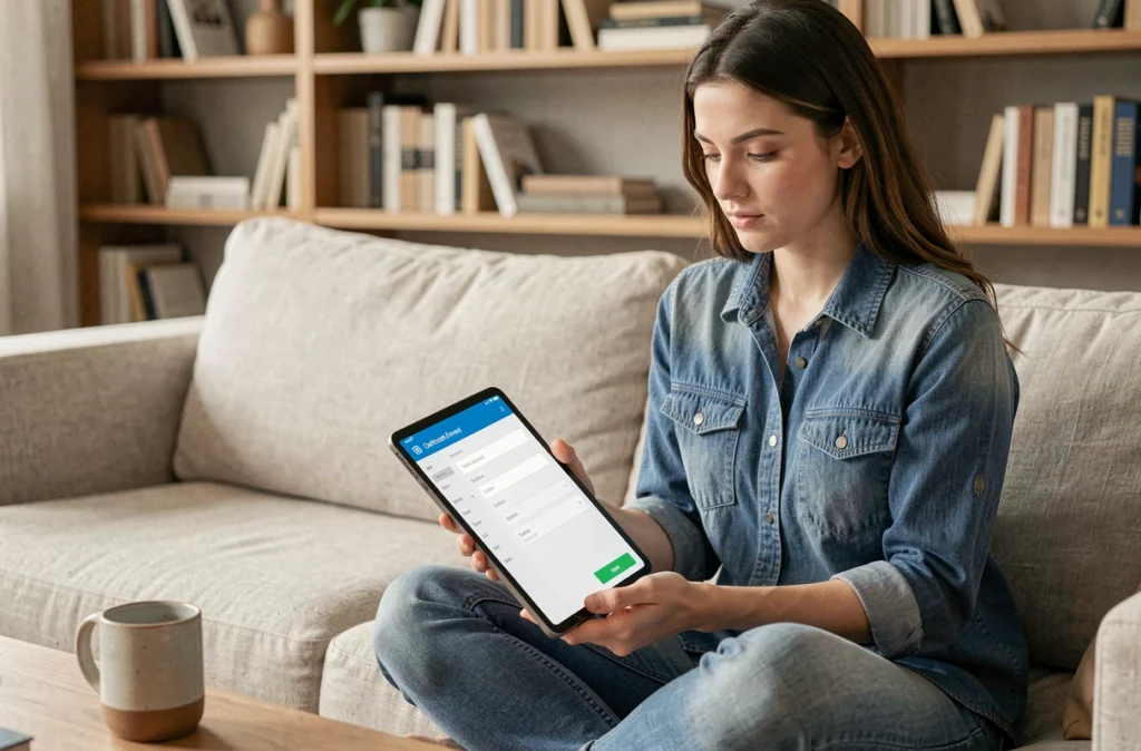 Jeune femme configurant l'application Outlook sur une tablette depuis son salon