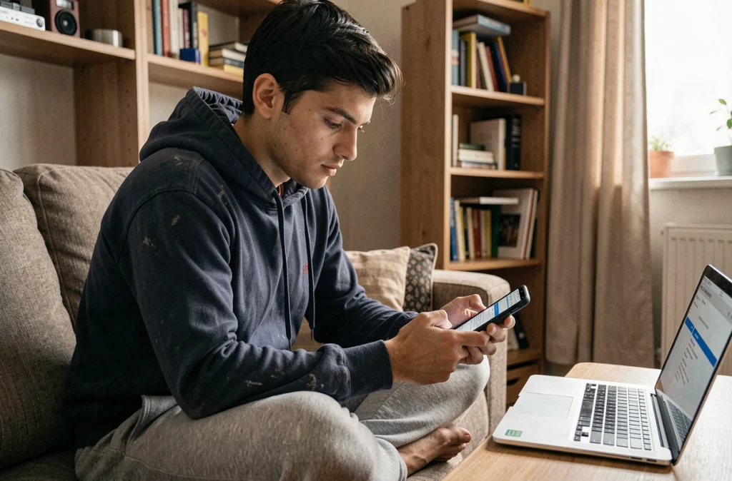 Jeune homme rédigeant un avis détaillé sur son smartphone depuis son domicile, représentant la voix des consommateurs au-delà des fiches produit