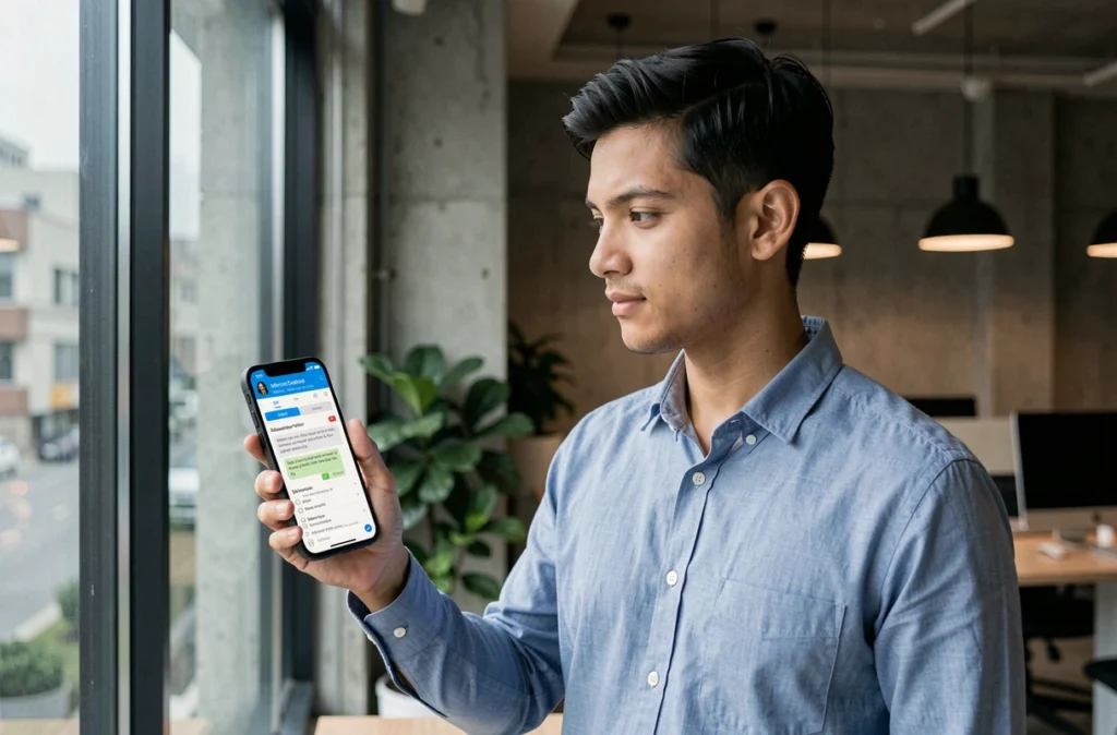 Jeune professionnel consultant une notification de rappel Outlook sur smartphone dans un espace de coworking moderne