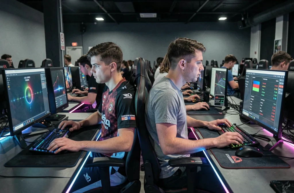 Deux joueurs s'entraînant au Click Kohi dans un café esports avant une session de jeu classée