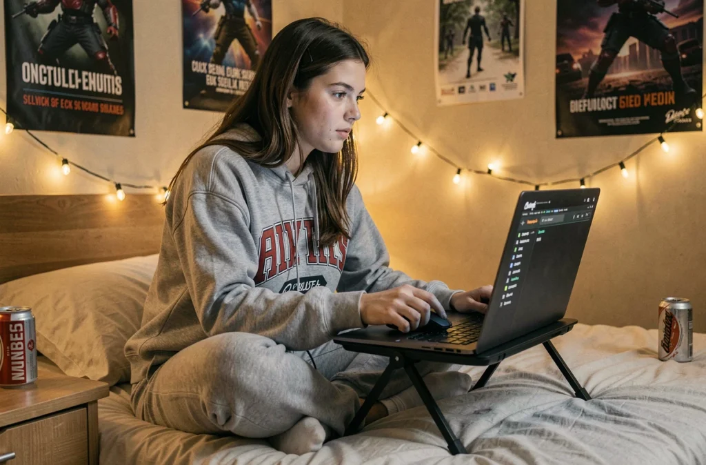 Jeune joueuse s'entraînant au Click Kohi sur son ordinateur portable dans sa chambre étudiante