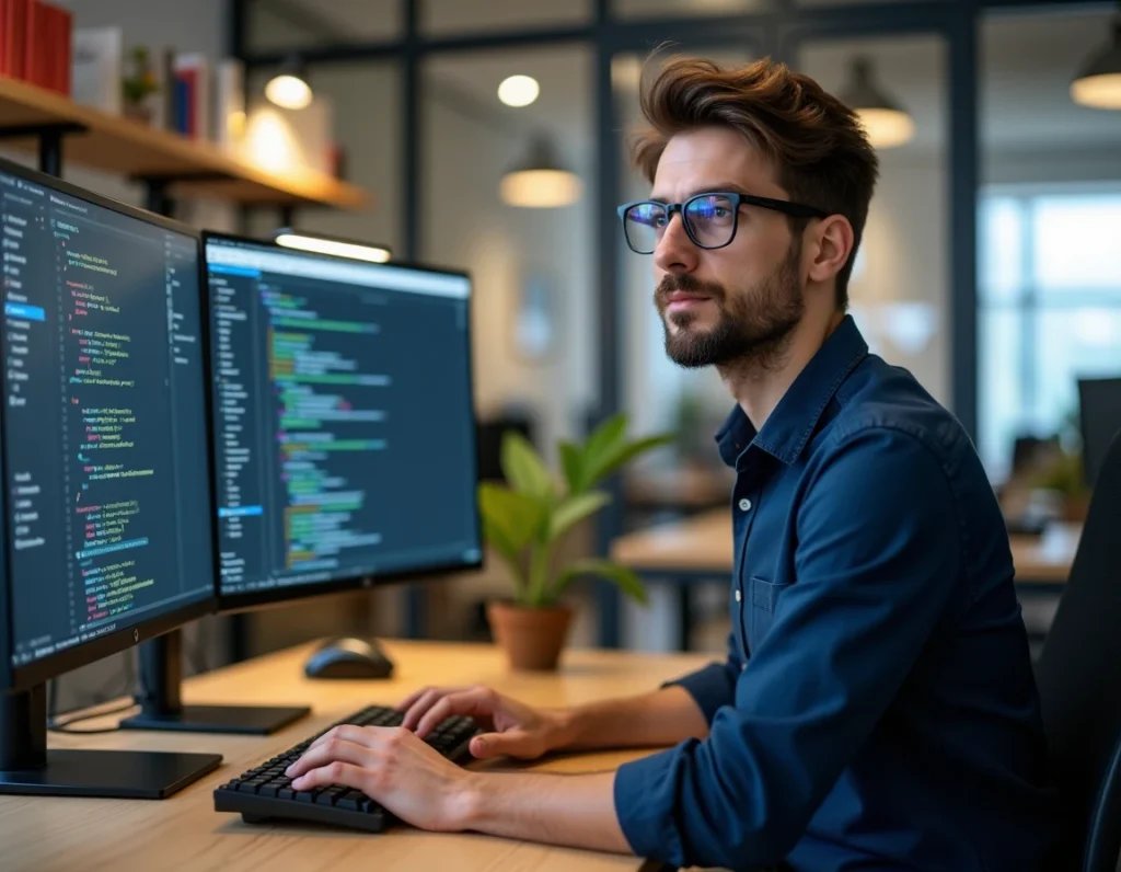 Développeur de l'agence Kocka Conseil Internet et Développement travaillant sur un projet WordPress dans son bureau