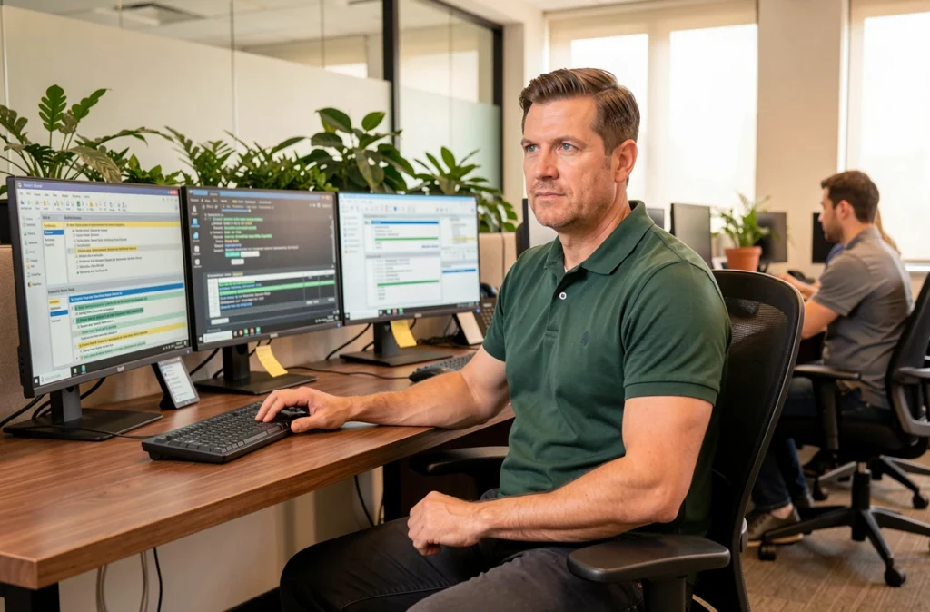 Ingénieur cybersécurité de Koesio configurant des interfaces de pare-feu dans un espace de travail collaboratif