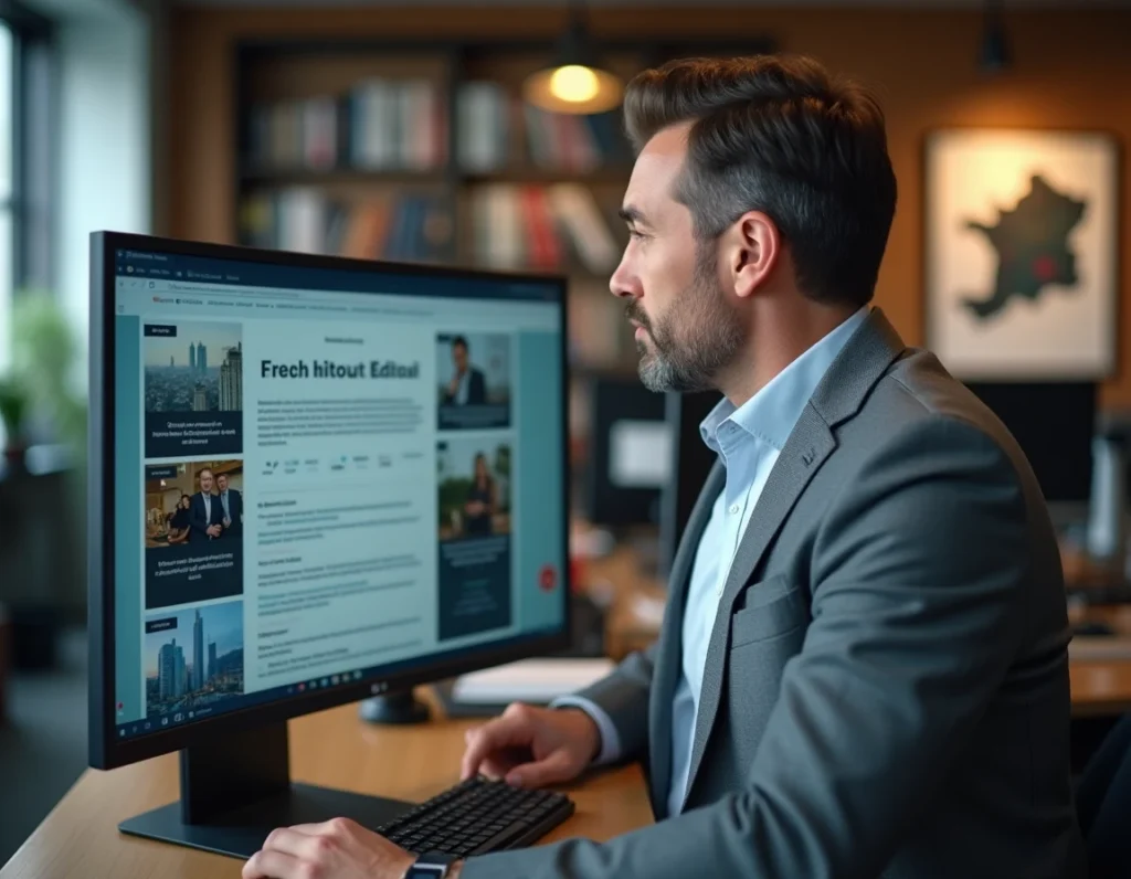 Professionnel de Mediaveille examinant un site éditorial WordPress sur grand écran dans les locaux de l'agence