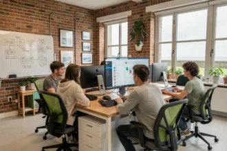 Vue d'ensemble d'une agence web moderne en Normandie avec des professionnels collaborant autour d'un écran WordPress