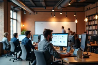 Vue d'ensemble d'une agence web moderne dans la Sarthe, avec des professionnels travaillant sur des projets WordPress
