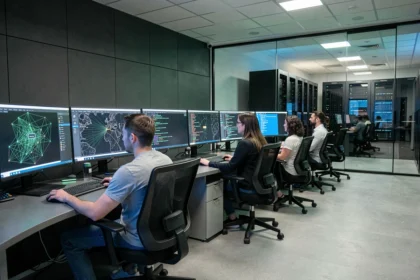 Centre opérationnel de cybersécurité en Nouvelle-Aquitaine avec des analystes devant des écrans de surveillance réseau