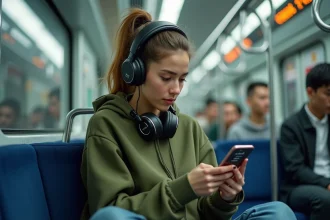 Jeune femme écoutant de la musique hors ligne sur smartphone dans le métro avec des écouteurs sans fil