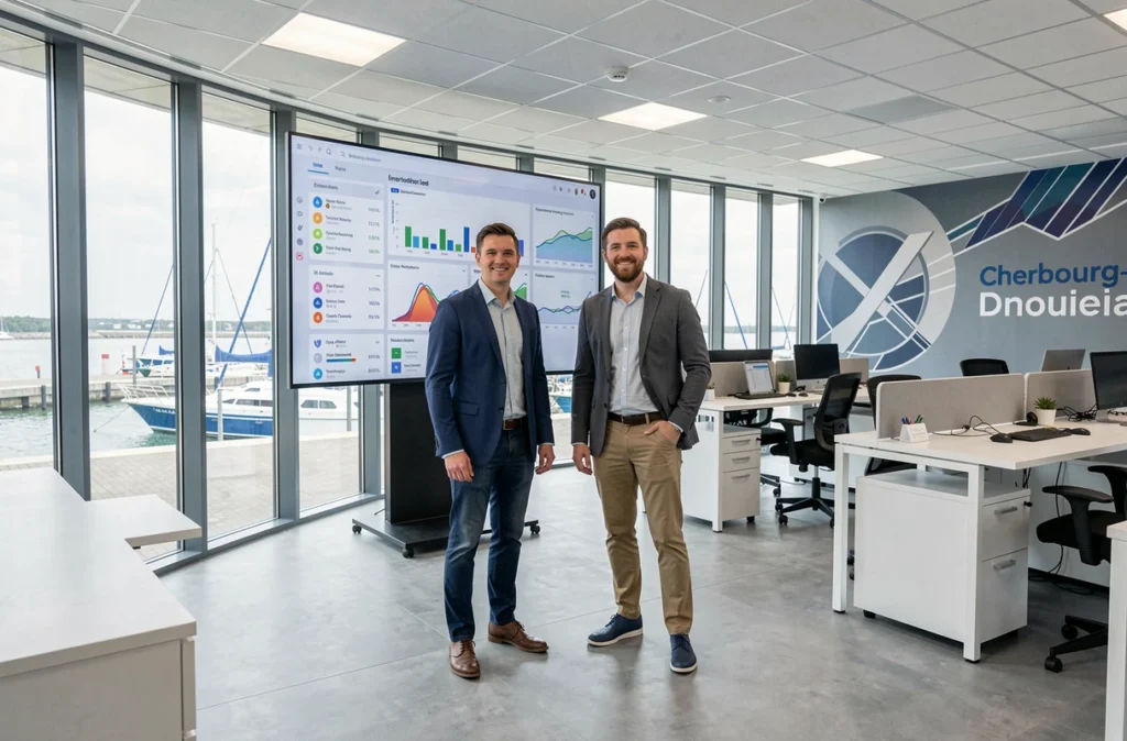 Deux professionnels de l'agence NEWP à Cherbourg-en-Cotentin analysant des tableaux de bord marketing digital devant une vue sur le port