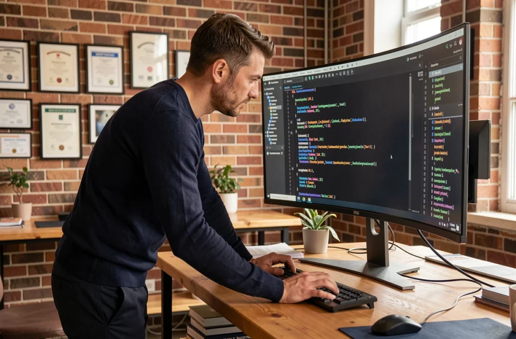 Consultant cybersécurité de Novenci analysant du code et une chronologie d'incidents dans un bureau au style startup