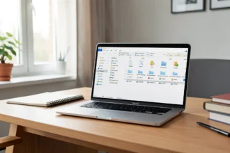 Ordinateur portable affichant une liste de fichiers sur un bureau