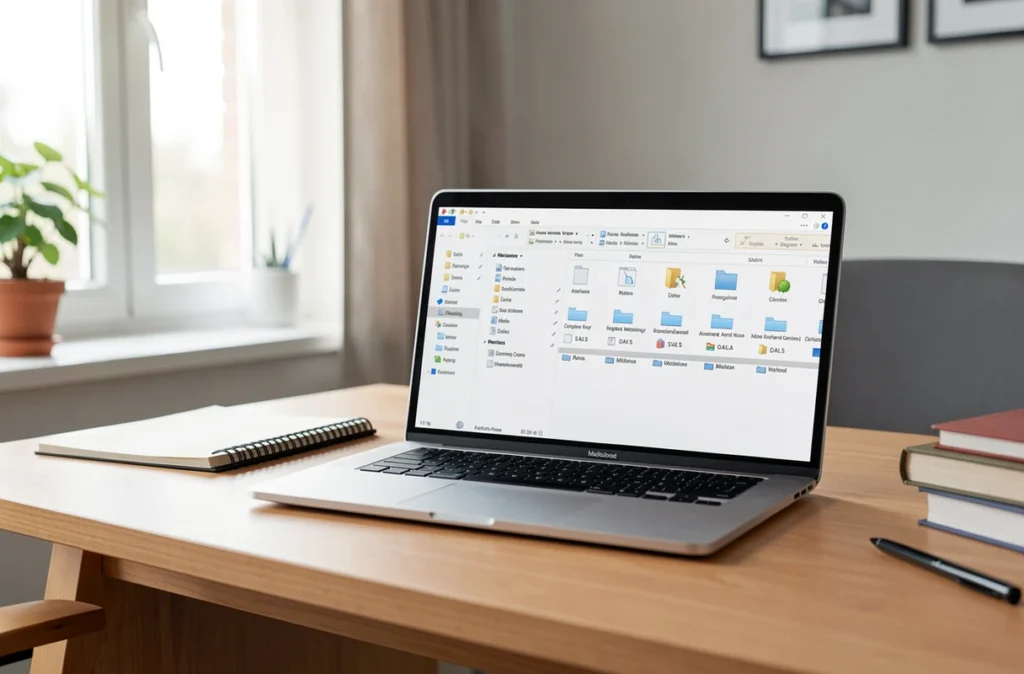 Ordinateur portable affichant une liste de fichiers sur un bureau
