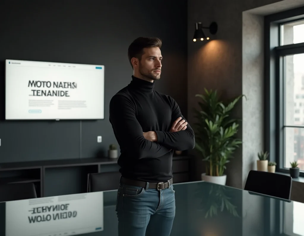 Directeur créatif de l'agence Oscar Black présentant un site WordPress au design élégant dans ses locaux modernes