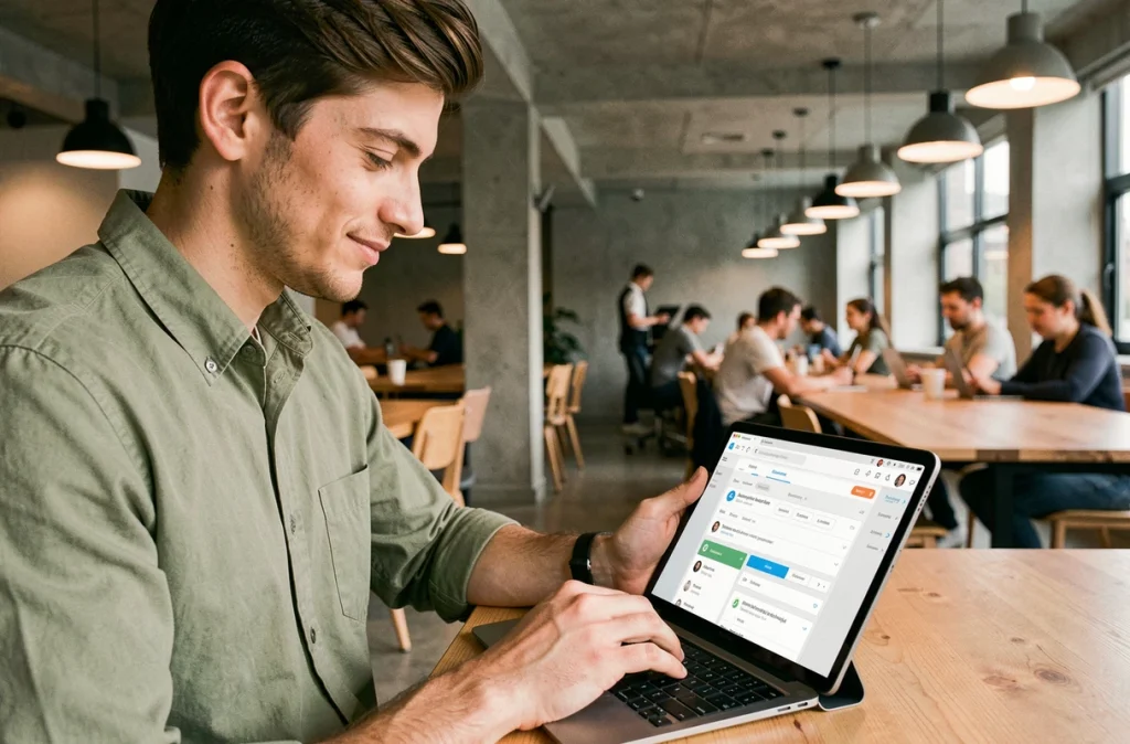 Jeune professionnel reorganisant son interface webmail Ionos sur une tablette dans un espace de coworking