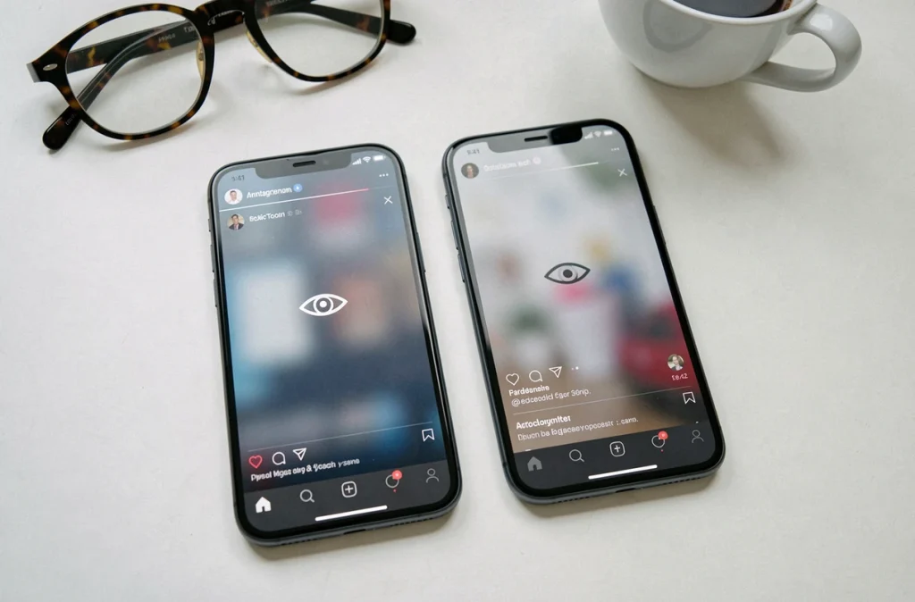 Gros plan de deux smartphones affichant des stories Instagram avec notion d'anonymat et de confidentialité numérique