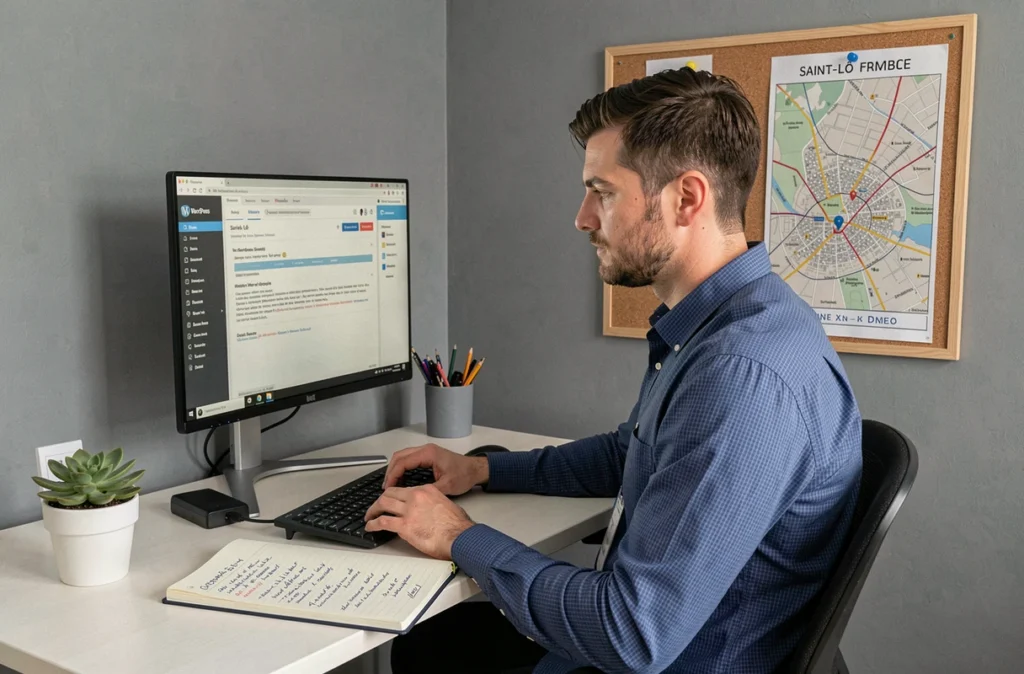 Développeur WordPress de l'agence Snazzy à Saint-Lô travaillant sur le backend d'un site client avec des notes manuscrites dans un bureau minimaliste