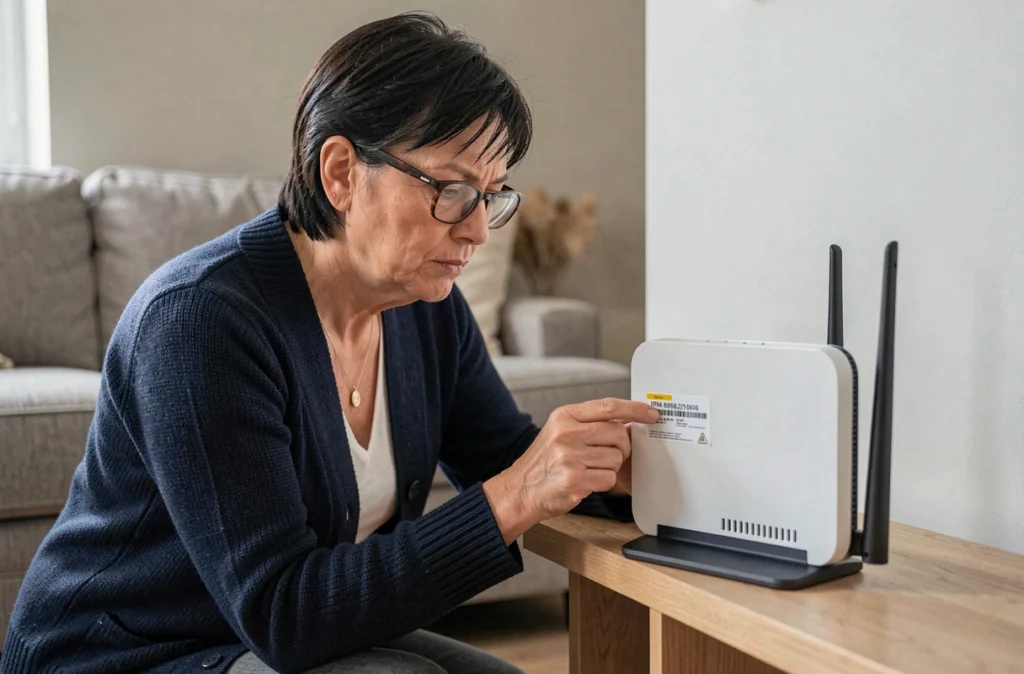 Femme inspectant l'étiquette d'adresse IP au dos d'un routeur Wi-Fi domestique