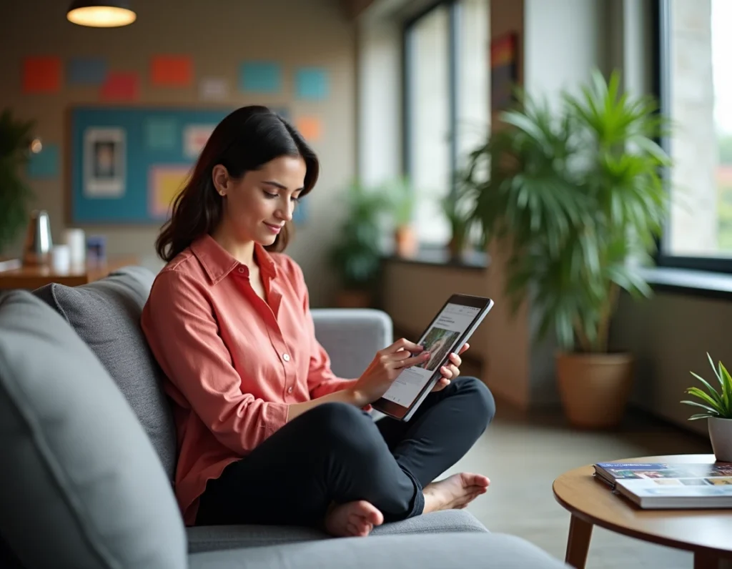 Designer UX de Vimaweb testant l'expérience mobile d'un site WordPress sur tablette dans l'espace créatif de l'agence