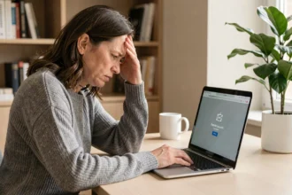 Femme frustrée devant un webmail bloqué sur son ordinateur portable au bureau à domicile