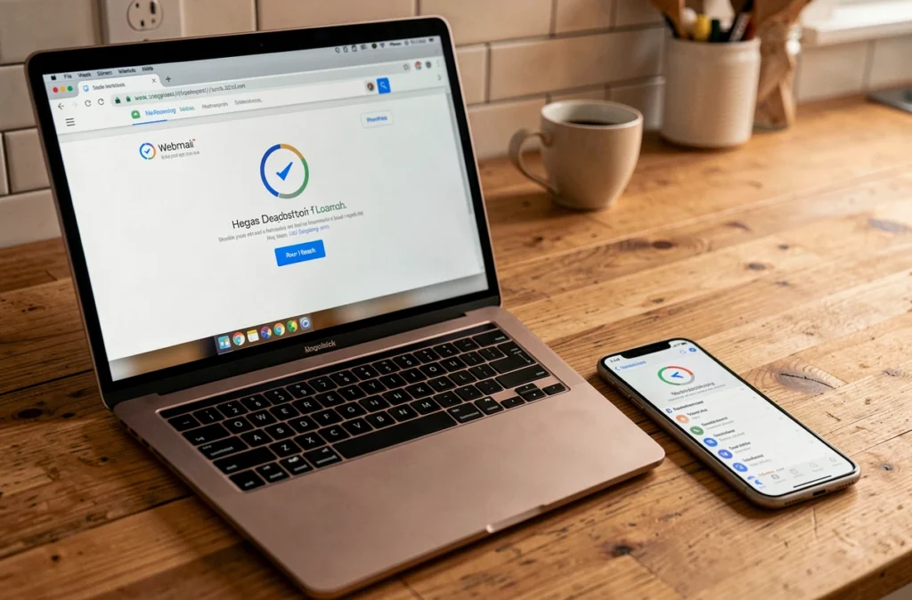 Gros plan sur un ordinateur portable avec webmail bloqué en chargement et smartphone pour dépannage sur table en bois