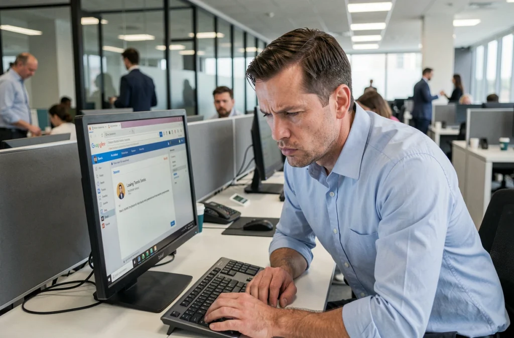 Homme en bureau professionnel face à un webmail IONOS lent ou en erreur sur écran d'ordinateur